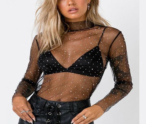 

summer lace mesh sheer t shirt women transparent turtleneck see through cover up summer female tshirt2286934, White