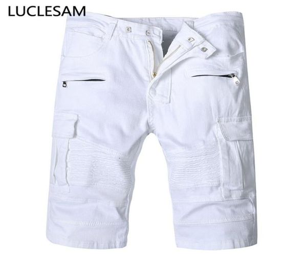 

mens white denim shorts 2020 designer multi pocket cargo short pants male casual slim streetwear solid color biker jeans shorts8093124, Blue
