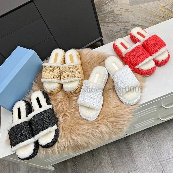 

2023 classic fur slippers women ladies platform sandal made in italy triangle buckle mules thick bottom heels slides winter warm slip on esp, Black