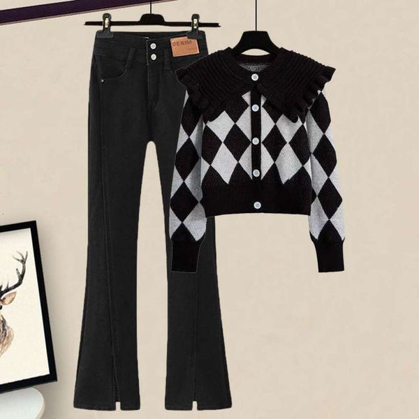 

large size womens clothing sweater autumn suit for women style western fat sister doll collar jeans two piece set, White;black