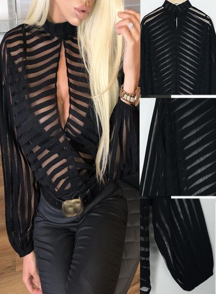 

women sheer mesh long puff sleeve see through tee shirt blouse black new1056020, White