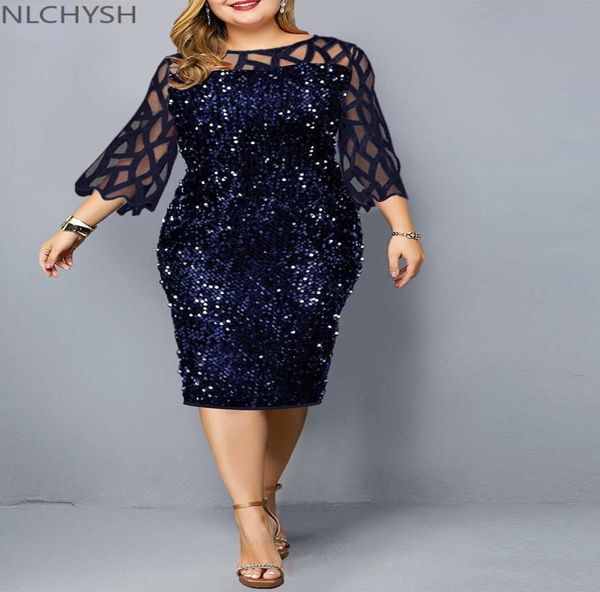 

plus size dresses party dress ladies midi sequin mesh long sleeve lace elegant bodycon xl4xl 5xl evening woman summer 20218541051, Black