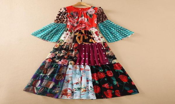 

european and american women039s wear for spring 2021 long sleeved round neck mosaic flower print fashion dress9998331, Black;gray