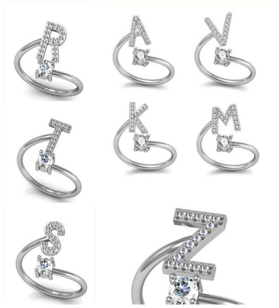 

fashion 26 az english letters silver ring for women rhinestone open finger rings female engagement ring jewelry anel party gift1538516