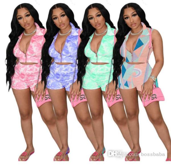 

summer shorts women tracksuits zipper cardigan tie dye night club casual sportswear two piece size set zipper opened and 8193654, Gray