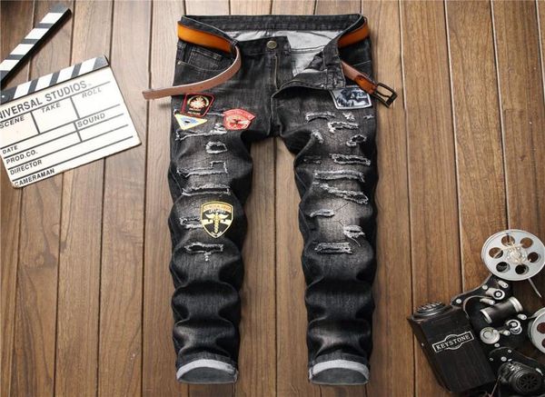 

mens ripped jeans fashion style badges patchwork jeans skinny pencil trousers for male asian size 29387265135, Blue
