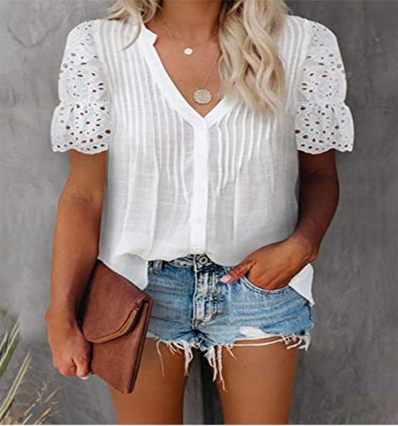 

summer blouse women 2022 fashion patchwork v neck office work lady shirt streetwear casual short sleeve chiffon 3046330, White