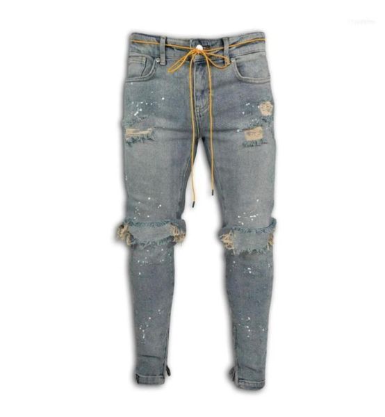 

men039s jeans fashion ankle zipper skinny stretch destroyed ripped paint point design12506050, Blue