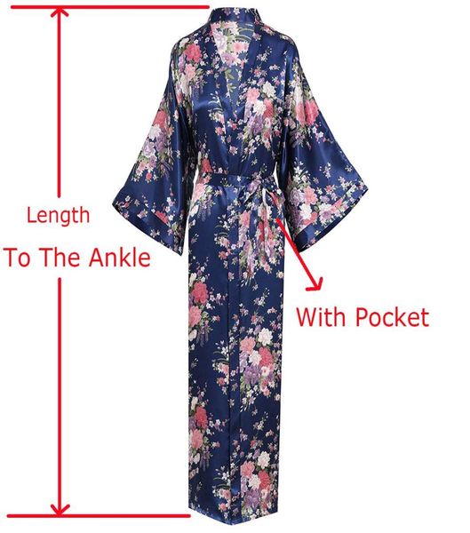 

plus size 3xl navy blue floral robe wedding bride bridesmaid long home dress summer sleepwear women satin kimono bathrobe6803477, Black;red