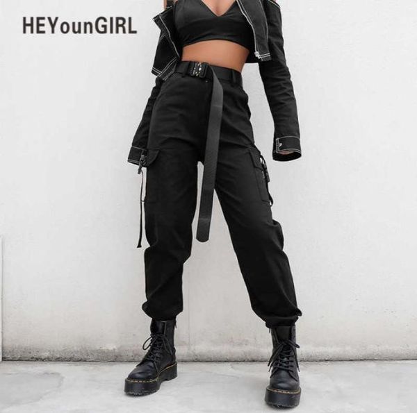 

heyoungirl streetwear cargo pants women casual joggers black high waist loose female trousers korean style ladies pants capri x0625898020, Black;white