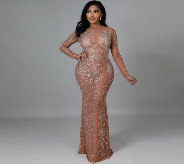 

casual dresses crystal rhine bodycon maxi dress women evening elegant mesh see through long sleeve nightclub party birthday dressc1782304, Black;gray