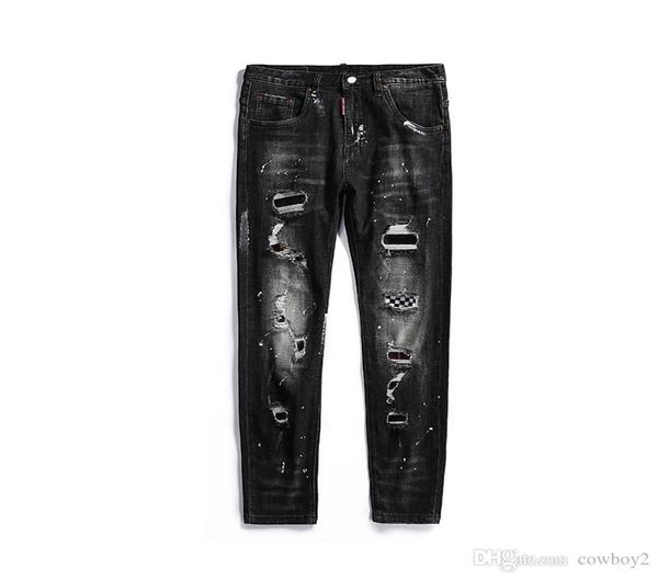 

2021 men039s black jeans with holes and stickers street boy039s heavy metal paint elastic motorcycle boy039s pants6927032, Blue