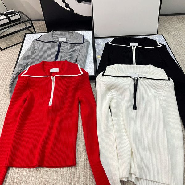 

sweater womens lapel zipper fashion long sleeved sweater casual simple base 4 colors knitwear, White