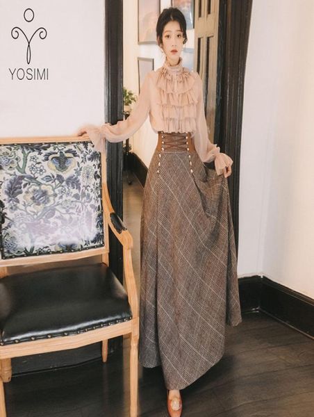 

yosimi 2020 autumn winter long sleeve blouse and woolen plaid skirt and set suit women two piece outfits sweater skirt7195564, White