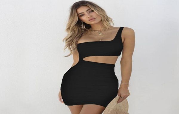 

sloping one shoulder dress solid color hollow hip wrap dresses mini skirt women dresses fashion clothes will and sandy black 9320029, White;black
