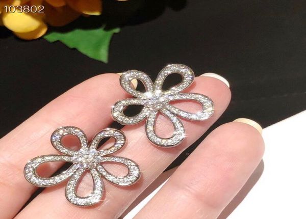 

luxury flowerlace brand designer s925 sterling silver full crystal hollow five leaf flower charm stud earrings for women5508674, Golden