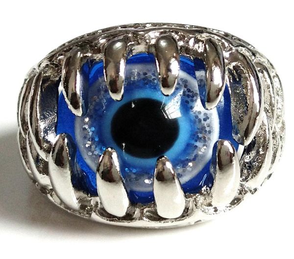 

new 25pcs unique mens blue devil eye silver ring demon evil gothic claw eyes whole fashion jewelry biker punk rocker style man4431908, Golden;silver