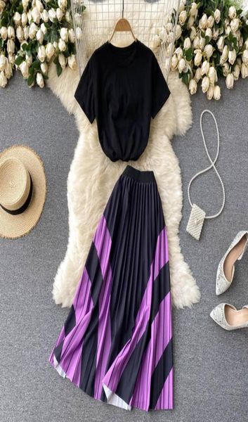 

women summer striped high street two piece dress set o neck short sleeve short blouses high waist long pleated skirt suit 2023199152, White