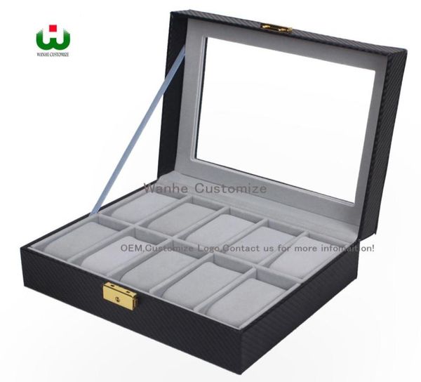 

10 grids slot pu new bias leather brand logo watch box display organizer glass jewelry storage organizer box black grey interi2092273, Black;blue