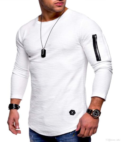 

2018 fashion men's solid color round neck long-sleeved t-shirt arm zipper stitching personality european and aman style t-shirt wgwy773, Black