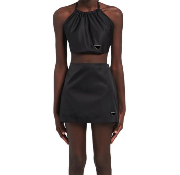 

triangle badge crop womens re nylon camis design halter backless skirt set black summer skirt4618940, White
