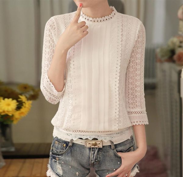 

women autumn casual white lace shirts blouse fashion 34 sleeve stand collar crochet summer korean shirt clothes a6334353764