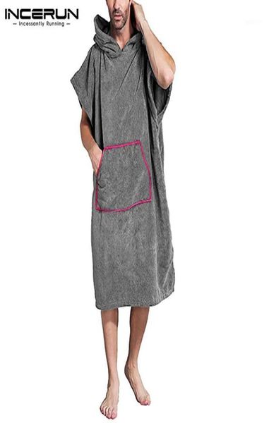 

men039s sleepwear men hooded bathrobes pockets homewear loose short sleeve solid color robes cozy beach towel poncho incerun s9434823, Black;brown