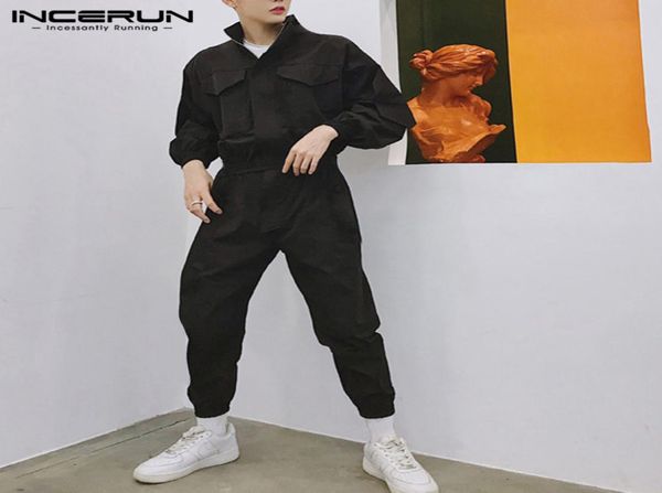 

incerun 2019 fashion men jumpsuit joggers long sleeve solid romper zippers cargo overalls hiphop casual pants men streetwear 5xl2720018, Black