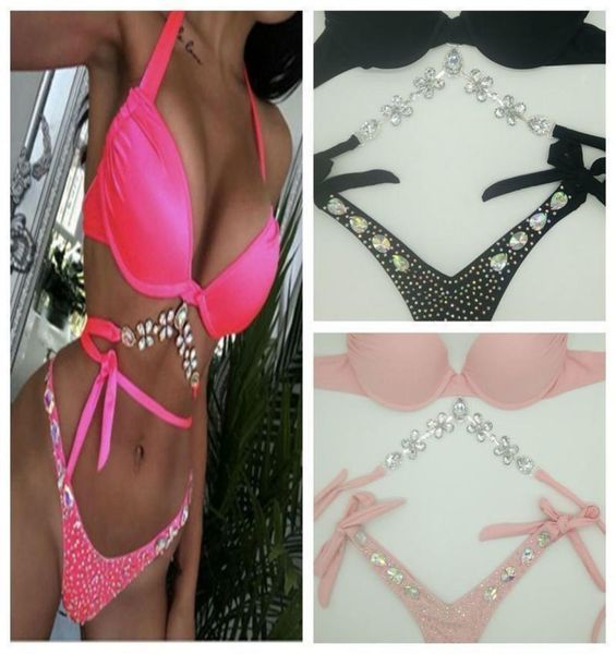 

vacation pink bikini set diamond swimwear bandage bathing suit bling s beachwear maillot swim y2004158058166, White;black