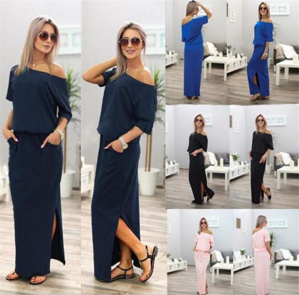 

100pcs summer women boho maxi dress short sleeve side slit loose evening party long beach dress with pocket vestidos m5036161315, Black;gray