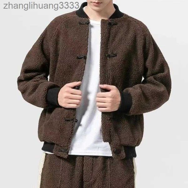 

men's tracksuits two-piece set men chinese style tang winter thick baseball uniform cotton jacket plue size vintage lamb wool coat pant, Gray