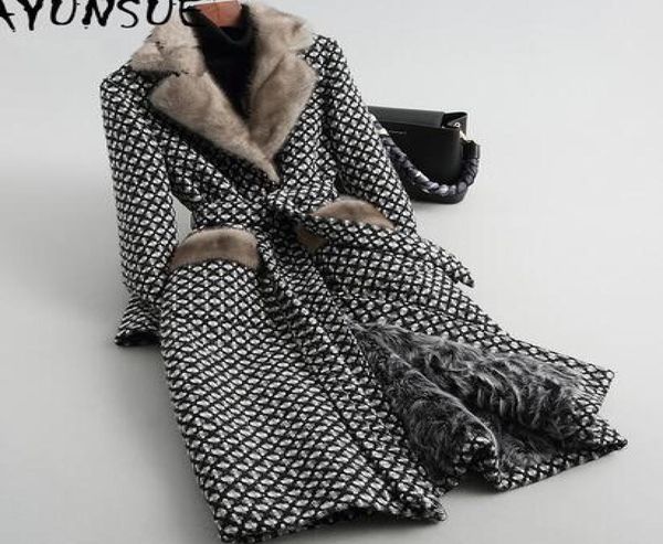 

ayunsue luxury lamb fur coat female mink fur collar tweed coat winter jacket women clothes woolen coats warm long jacket my6995845, Black