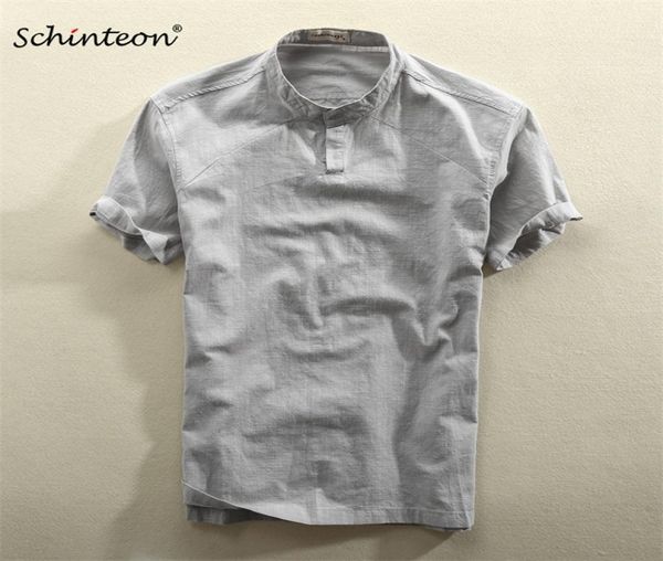 

2019 schinteon men casual cotton linen shirt summer solid color thin short sleeve stand color t2005055957945, White;black