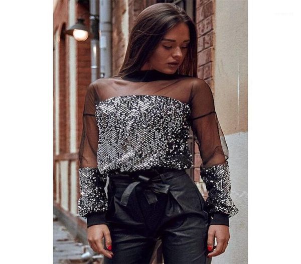 

women long sleeve sequin and blouses evening party club loose blouse ladies fashion mesh blusas femininas elegante women8648592, White