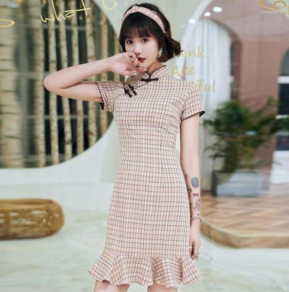 

ethnic clothing chinese style women cheongsam summer cotton linen daily dress plaid vintage handmade button fishtail mini qipao s1029583, Red
