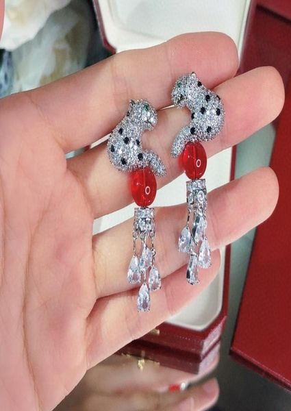 

2020 new designer 925 silver needle and ruby color stone zircon leopard earrings 18k white gold plated silver color women party je7287126, Golden