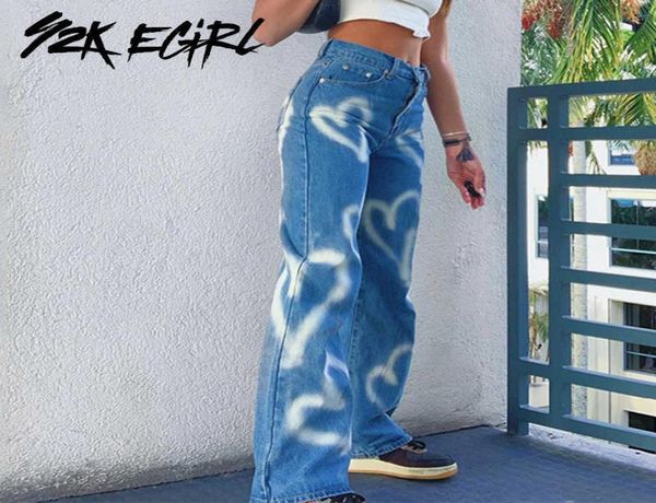 

jeans y2k egirl 90s fashion heart graffiti baggy jeans vintage streetwear print straight high waist pants autumn demin trousers ch9039677, Blue
