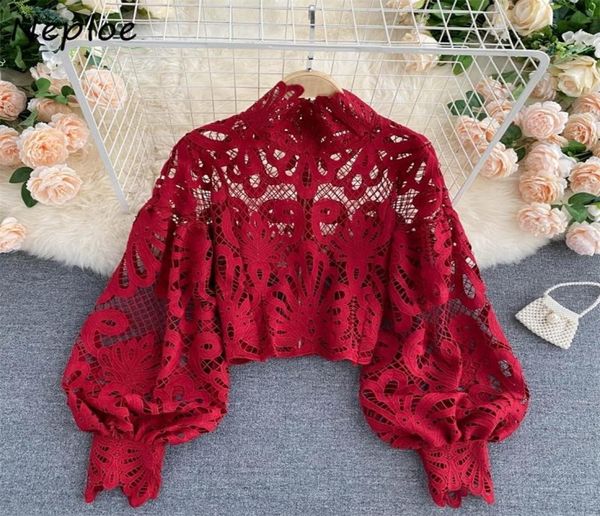 

neploe lace hollow out stand collar shirt solid color allmatch zip femme blusas chic lantern sleeve women blouses 2203087775898, White