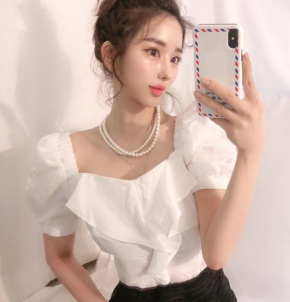 

french court style square collar blusas stitching ruffle slim fit women blouses korean puff sleeve shirt ladies 8a3143109374, White