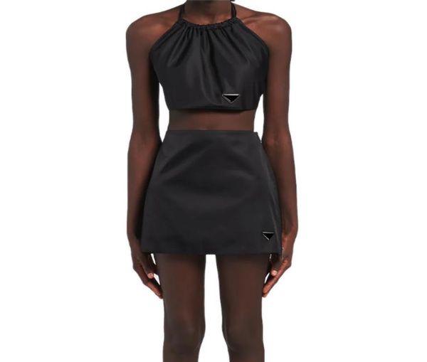 

triangle badge crop womens re nylon camis design halter backless skirt set black summer skirt2092948, White