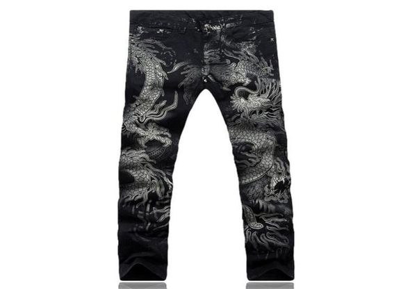 

men039s jeans men pants slim fit fashion dragon print male colored drawing painted denim elastic black cargo7576970, Blue
