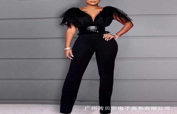 

2019 autumn short mesh sleeve v neck backless black slim jumpsuit women 19ja1614153065, Black;white