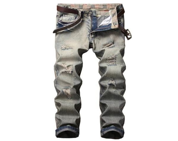 

vintage hole jeans mens straight worn old style tide skinny distrressed pants designer for fashion cool3072823, Blue