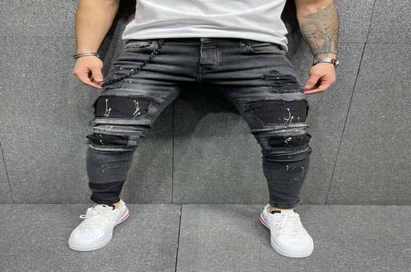 

men039s black close fitting scratch ripped biker jeans men039sexercise jogging casual pencil long pants4956217, Black;white