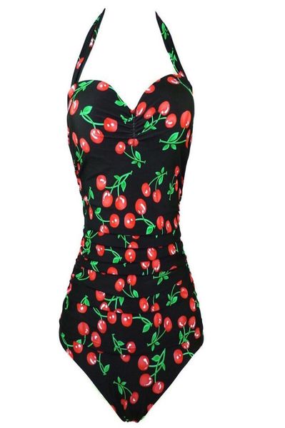 

2016 summer swimwear vintage floral print monokini cherry swimsuit halter push up one piece bathing suit plus size xxxl mx2007396728, White;black