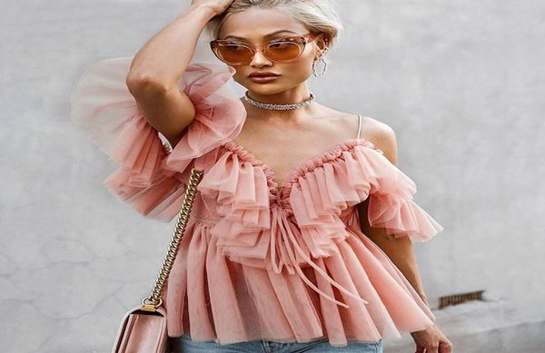 

women vintage ruffle summer women blouse shirt off shoulder peplum female mesh backless feminine blouse blusas8845315, White