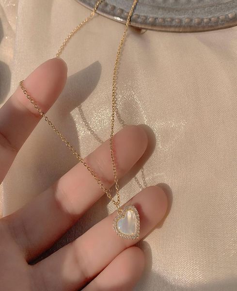 

afshor trendy fine 14k real gold heart shaped opal chain pendant necklaces for women temperament jewelry shiny aaa zircon wedding 7696307, Silver