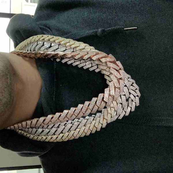 

14k gold plated 925 sterling silver pass test vvs moissanite diamond iced out 14mm 20mm 3 row cuban link chain necklace