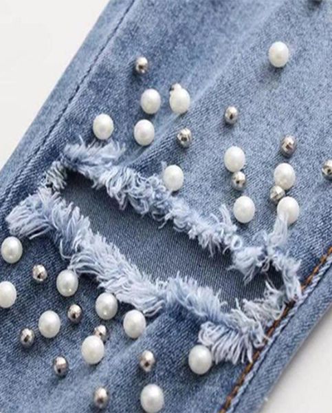 

wholefashion light blue scratched hole jeans woman tight trousers pearl decoration retro jeans for women039s clothing7810148