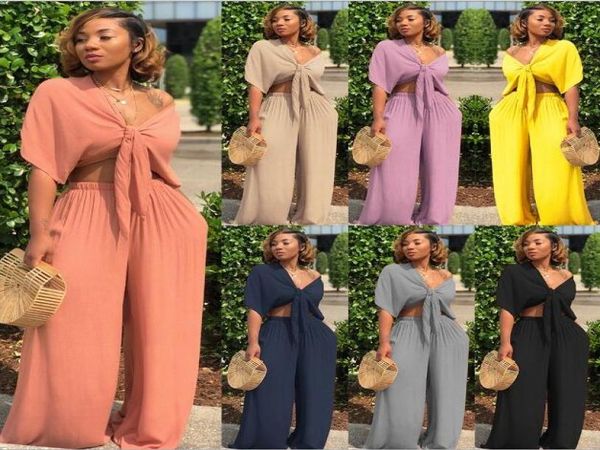 

plus size two piece set women outfits bow tie wide leg pants suits casual clothes solid color matching sets19258866, Gray